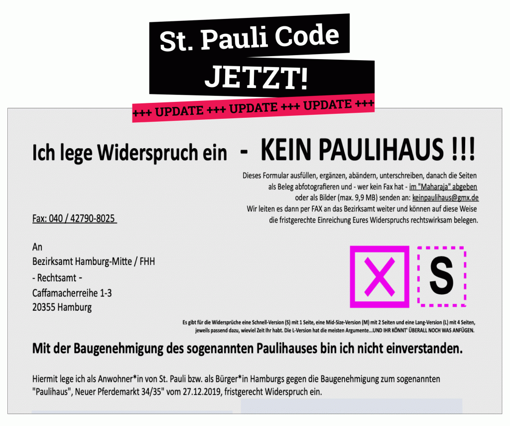 Widerspruch gegen die Baugenehmigung für das "Paulihaus" einreichen. St. Pauli Code JETZT!